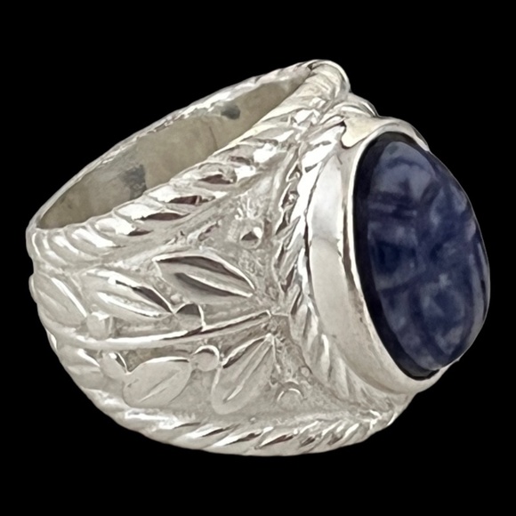 Vintage Scarab Ring Carved Scarab on Blue Natural Stone White Gold Plate - Picture 2 of 4